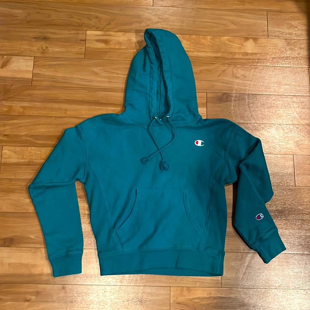 Hooded blue/green champion sweatshirt